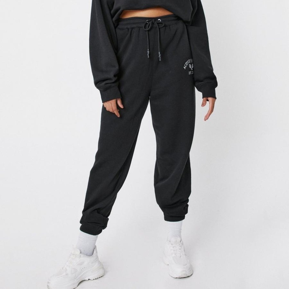 NASTY Gal Plus Size Active Society Embroidered Sweatpants-Black
